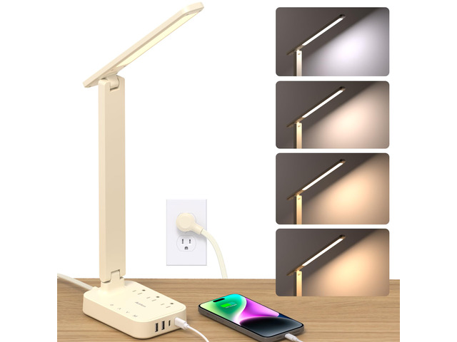 LED Desk Lamp, Power Strip with 3 Outlets 4 USB Charging Ports(2 USBC), 4 Modes 5 Level Brightness Touch Lamp, Small Desk Lamp for Home Office...