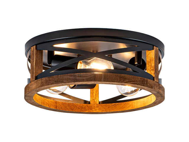 Farmhouse Ceiling Light, 3-Light Flush Mount Ceiling Light with Wood and Black Metal Frame, Round Rustic Light Fixture for Kitchen, Hallway, Entryway