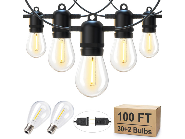 LED Outdoor String Lights for Patio 100FT with 32 Shatterproof S14 Vintage Edison Bulbs, Waterproof Outside Hanging Lights for Backyard Deck Garden...