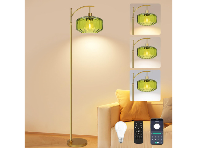 Gold Floor Lamps for Living Room Bedroom,Glass Floor Lamp with Remote Control & Green Lampshade,Arc Dimmable Floor Lamp Mid Century Modern Standing...