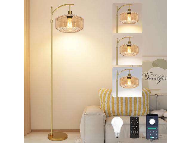 Vintage Floor Lamps for Living Room Glass Floor Lamp with Remote Control,Dimmable Floor Lamp Gold Mid Century Modern Standing Lamp 3 Color...