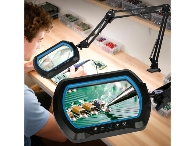 12X Square Ultra Long Magnifying Glass with Light and Clamp 3-Section Arm Hands-Free Lighted Stand, 5 Color Modes & Stepless Dimming LED Desk Lamp...