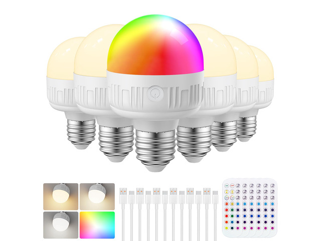 Rechargeable Light Bulbs with Remote, E26, 15 RGB Colors, 600LM, 6 Pack 8W Dimmable Magnetic Battery-Operated Light Bulbs with Timer, 3 Color...