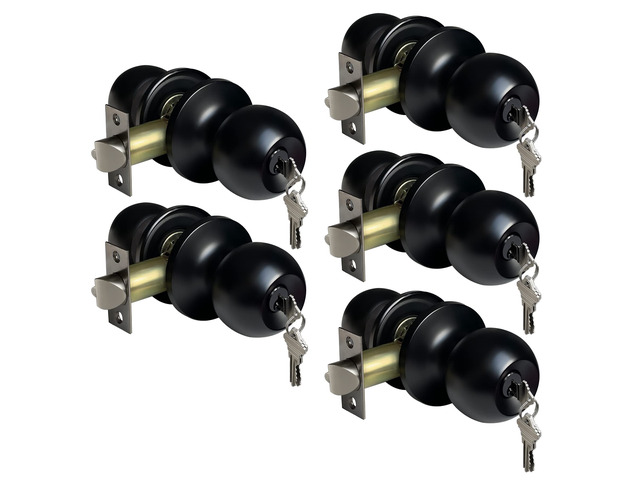 5 Pack Door Knob with Lock and Key, Keyed Different, Matte Black Entry Door Knob, for Entrance and Front Door