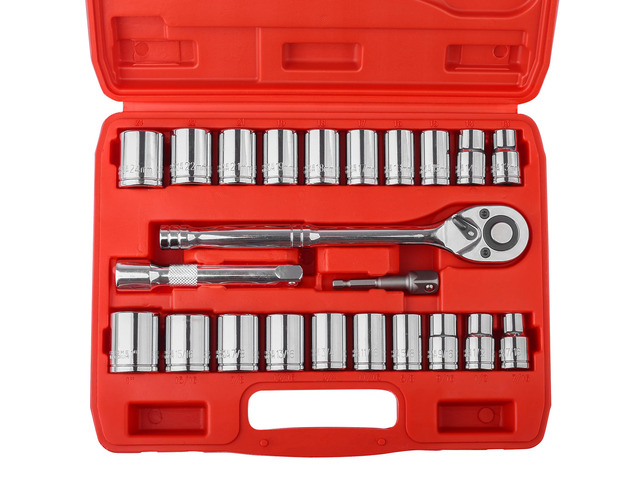 1/2' Drive Socket Set, 23 Piece Standard SAE (7/16 to 1 inch) and Metric (13-19, 21, 22, 24mm) 6 Point, with Quick Release Ratchet, Extension Bars,...