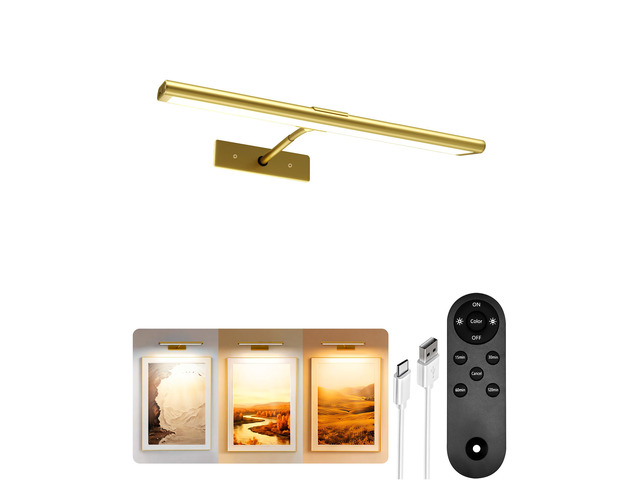 Picture Light for Wall, 13'' Rechargeable Magnetic with Remote 4800mAh gold battery wireless lights with 3 colors, dimming and timer for paintings,...