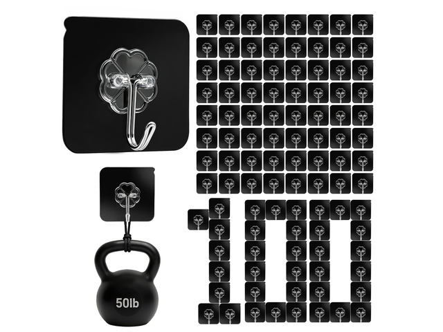 100 Pack Adhesive Wall Hooks 50LB Heavy Duty Black Sticky Hook Newly Black Hook for Hanging Heavy Duty Waterproof 50lbs Max Load No Damage Ideal...