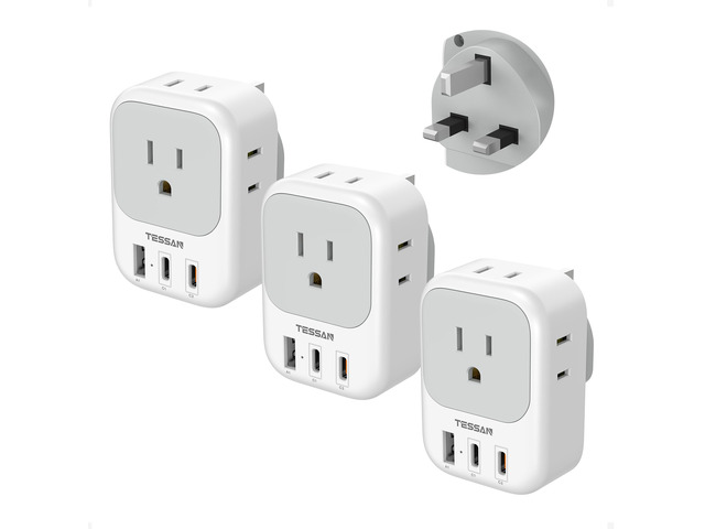 UK Adapters for Travel 3 Pack, Type G Plug Adapter PD 20W, 4 AC Outlets, 3 USB Ports (2 USB C), US to UK Ireland England London Dubai Scotland Hong...