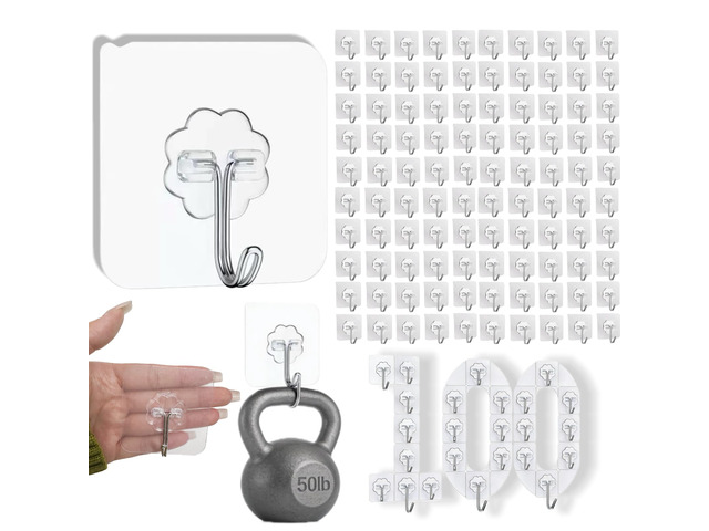 100 Pack Heavy Duty Self Adhesive Hooks 50 lbs Transparent Reusable Sticky Wall Hooks for Hanging Waterproof Adhesive Hooks for Kitchen, Towel,...