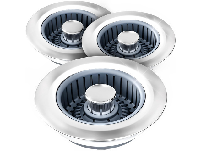 3 in 1 Kitchen Sink Drain Strainer Stopper Removable Basket Pop-Up Kitchen Sink Accessories 3 Pack Silver Stainless - Food Catcher, Odor-Blocking...