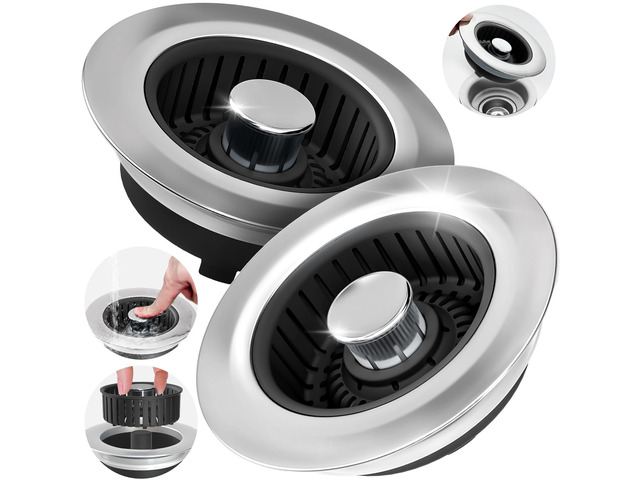 3 in 1 Kitchen Sink Drain Strainer Stopper Removable Basket Pop-Up Kitchen Sink Accessories 2 Pack Black Stainless - Food Catcher, Odor-Blocking...