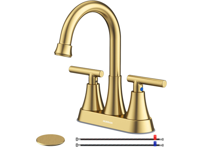 Brushed Gold Bathroom Faucet, 4 inch Centerset 2-Handle Lead-Free Bathroom Sink Faucet with Pop-up Drain and Supply Lines, Stainless Steel Faucet...