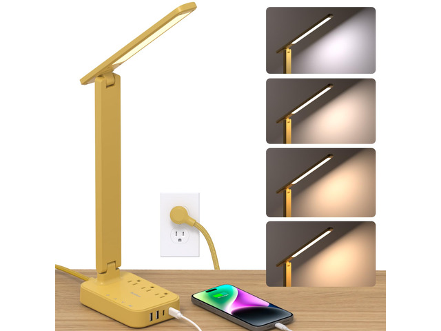 LED Desk Lamp, Power Strip with 3 Outlets 4 USB Charging Ports(2 USBC), 4 Modes 5 Level Brightness Touch Lamp, Small Desk Lamp for Home Office...