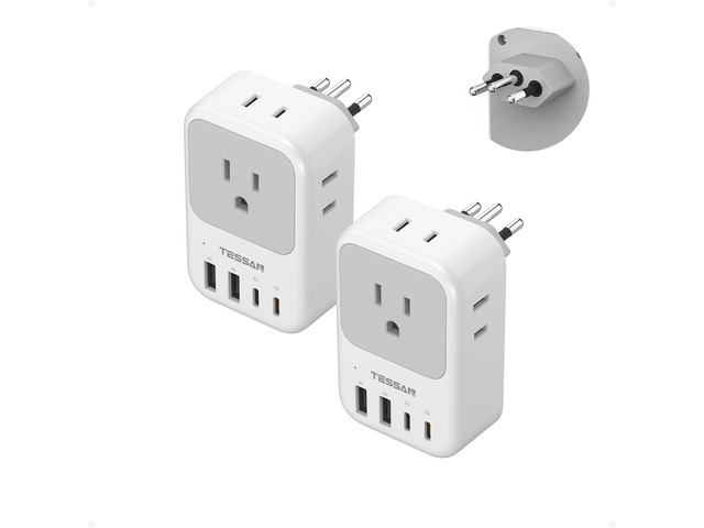 2 Pack Type N Plug Adapter Brazil for Travel 4 AC Outlets, 4 USB Ports (2 USB C), Type N Adapter For US to Brazilian Brasil