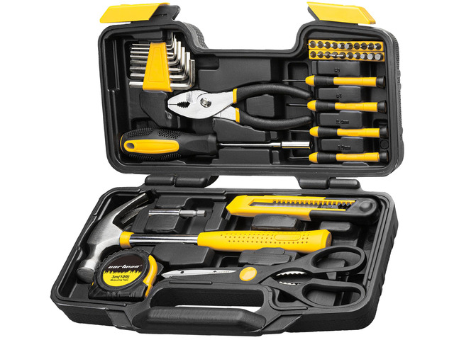 39-Piece Household Tool Set, Yellow Hand Kit With Storage Case Complete assortment for home repairs, DIY projects, furniture setup, crafting, and...