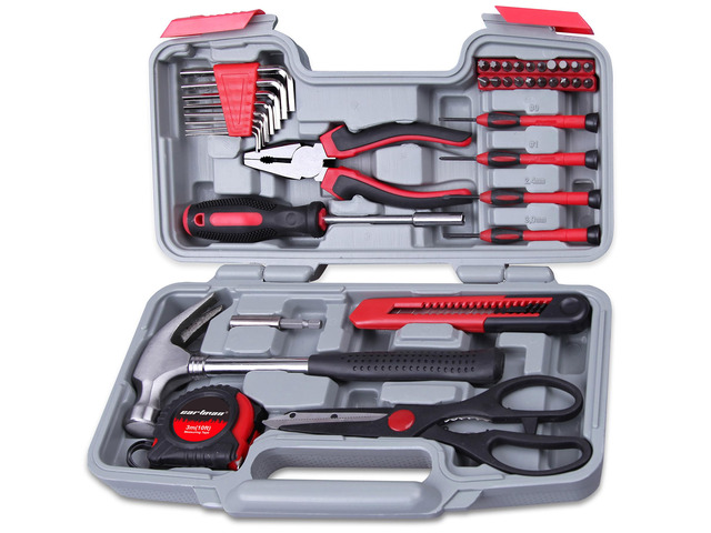 39-Piece Household Tool Set, Red Hand Kit With Storage Case Complete assortment for home repairs, DIY projects, furniture setup, crafting, and...
