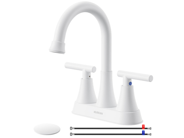 Bathroom Faucet, 4 inch Centerset 2-Handle Lead-Free, White Bathroom Sink Faucet with Pop-up Drain and Supply Lines, Stainless Steel Faucet for...
