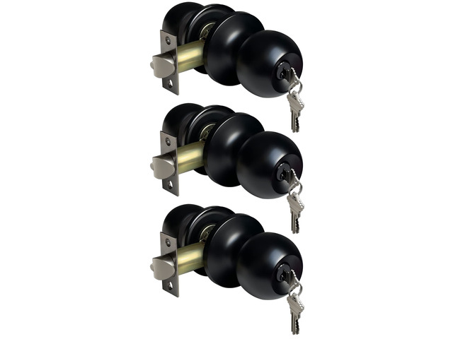3 Pack Entry Door Knob with Lock, Keyed Different, Matte Black Entrance Door Lock, Standard Ball