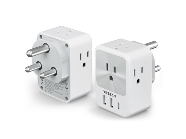 Type D Travel Adapter, 2 Pack, US to India Plug Adapter 4 AC Outlets, 3 USB Ports (1 USB C), 7 in 1, USA to Bangladesh Maldives Pakistan Sri Lanka