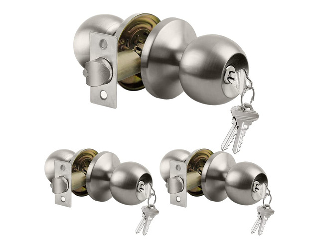 3 Pack Door Knob with Lock and Key, Keyed Different, Satin Nickel Entry Door Knob, for Entrance and Front Door