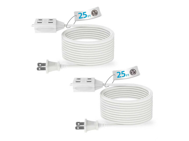 Indoor Extension Cord, 2 Prong 25 Feet Extension Cord, 3 Polarized Outlets with Safety Slide Windows,13A/1625W, 16 AWG, 2 Packs (25FT 2 Pack)