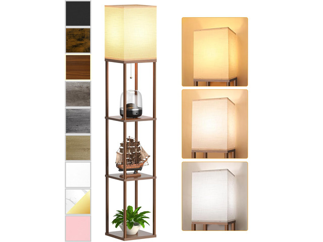 Floor Lamp with Shelves for Living Room Walnut Brown, Shelf Floor Lamp with 3 CCT LED Bulb, Corner Display Standing Column Lamp Etagere Organizer...
