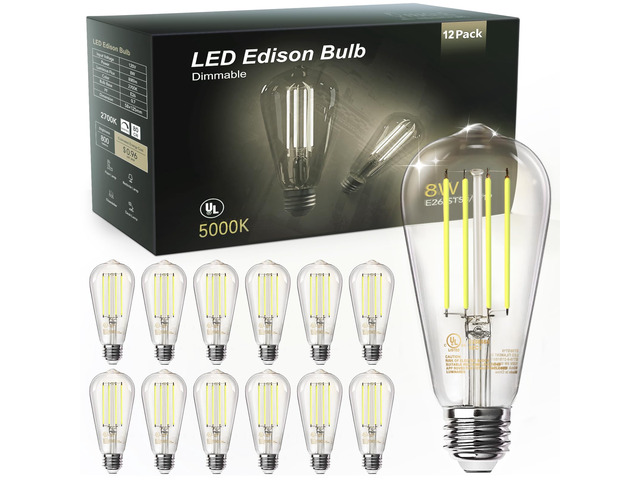 12 Pack Edison LED Light Bulbs, E26 Base, 8W 5000K, Dimmable Vintage ST58 Filament Design, 60W Equivalent, 800 Lumens, CRI 80+, Antique Glass Style...