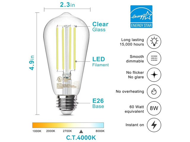 12 Pack Edison LED Light Bulbs, E26 Base, 8W 4000K, Dimmable Vintage ST58 Filament Design, 60W Equivalent, 800 Lumens, CRI 80+, Antique Glass Style...