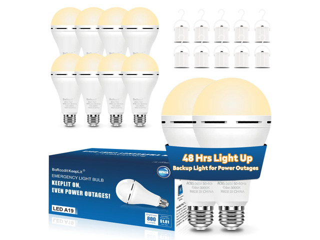 KeepLit 10 Pack Emergency Rechargeable Light Bulbs, 48H Long Lasting & 3 Brightness Power Outage Light,12W 3000K Battery Backup Emergency Light...