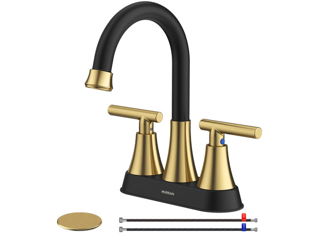 Bathroom Faucet, 4 inch Centerset 2-Handle Lead-Free, Black & Gold Bathroom Sink Faucet with Pop-up Drain and Supply Lines, Stainless Steel Faucet...
