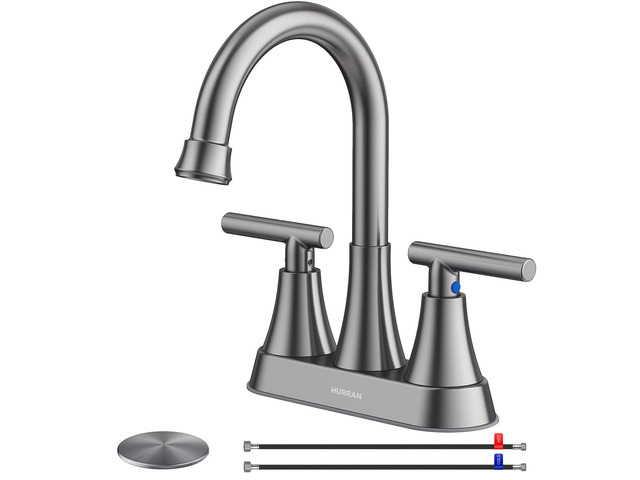 Bathroom Faucet, 4 inch Centerset 2-Handle Lead-Free, Brushed Grey Bathroom Sink Faucet with Pop-up Drain and Supply Lines, Stainless Steel Faucet...