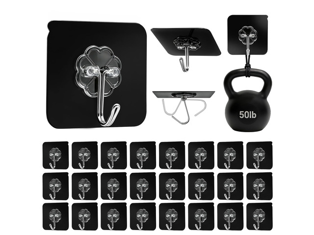 Black Adhesive Wall Hook for Hanging Heavy Duty Sticky Hooks 24 Pack Newly Heavy Duty 50lbs(Max) Wall Hooks Adhesive No Damage 24Pcs No Drill...