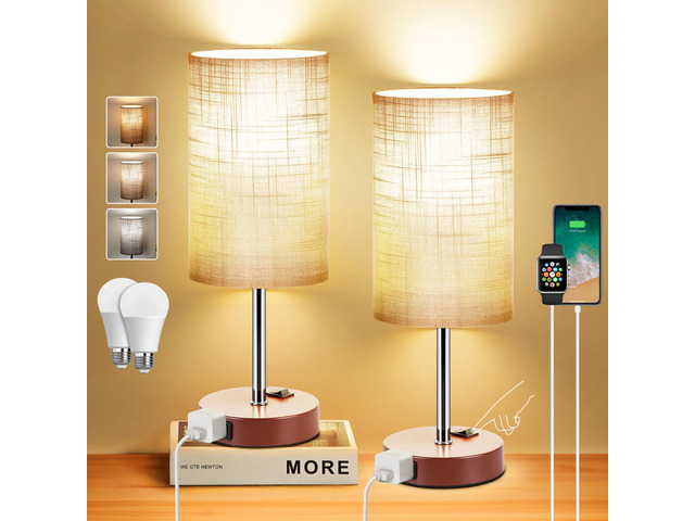 Bedside Table Lamp Set of 2, 13.8' Small Lamp for Bedroom Nightstand AC Outlet,3 Dimmable,Rocker Switch,Gray Fabric Lampshade,Brown Base,Nightstand...