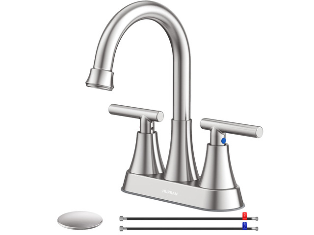 Bathroom Faucet, 4 inch Centerset 2-Handle Lead-Free, Brushed Nickel Bathroom Sink Faucet with Pop-up Drain and Supply Lines, Stainless Steel...