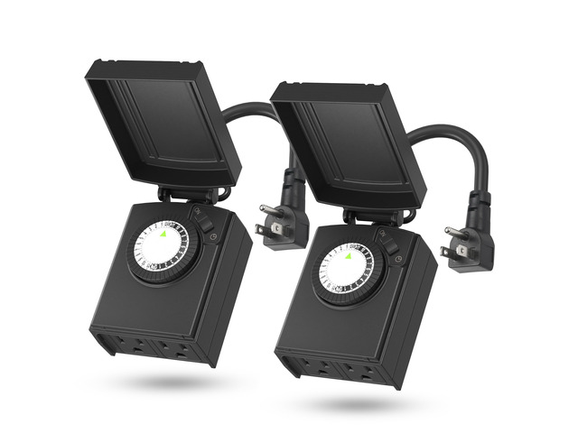 Outdoor 24-Hour Mechanical Timer Outlet, 2 Grounded Outlets, 2 Pack 30-min Intervals; Daily Repeat; Easy Dial; Weatherproof Cover; For Christmas...