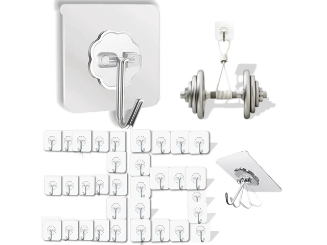 Clear Adhesive Hooks Heavy Duty Walls Hook 36 Pack for Hanging Strong Self Adhesive Hook Holds Up to 50lb(Max) Transparent Reusable Waterproof No...