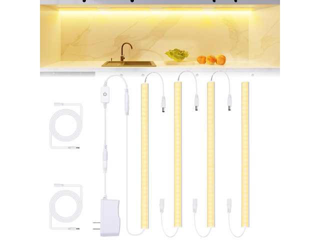 Under Cabinet Lights Plug-in, 4 Pack x 12inch Warm White 3000K LED Under Cabinet Lighting, Dimmable Under Counter Lights with Memory Function, LED...