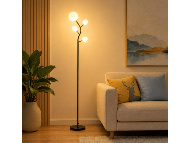 4 Globe Floor Lamp for Living Room, Mid Modern Standing Tree Lamp 3000K Warm White Light, 4 LED Bulbs Included, Sphere Ball Frosted Glass Shade...