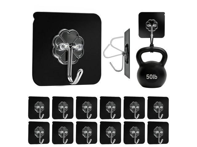 Black Heavy Duty Adhesive Hooks 2026 Upgraded 50lbsMax Sticky Wall Hooks for Hanging 12 Pack No Damage Hook Strong Waterproof Bathroom, Kitchen,...