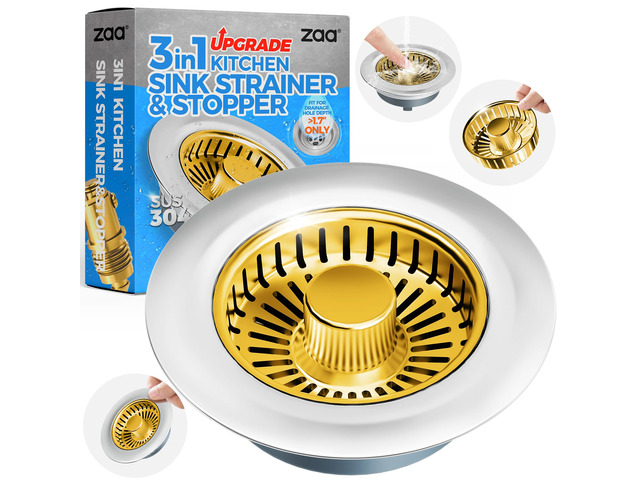 3 in 1 Kitchen Sink Drain Strainer Stopper Removable Basket Pop-Up Kitchen Sink Accessories 1 Pack Gold Stainless - Food Catcher, Odor-Blocking...