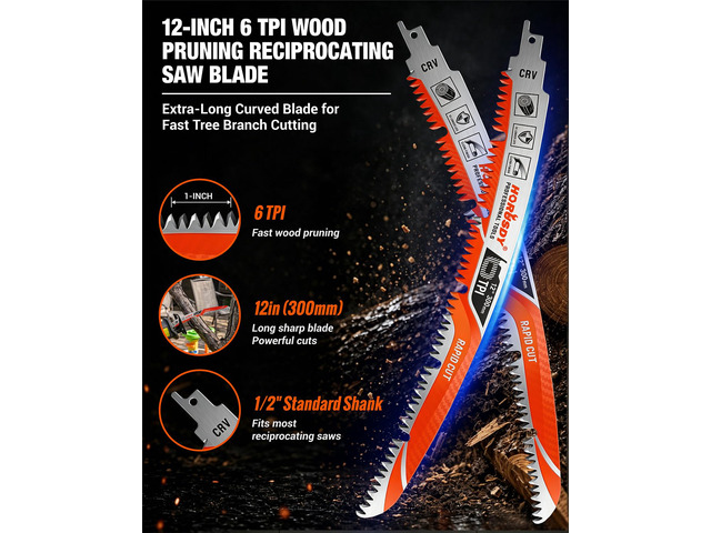 12 Inch Reciprocating Saw Blades, 5 Pack, 6TPI Japanese Teeth Arc Edge CR-V Steel Pruning Saw Blades for Tree Trimming and Wood Cutting, with...