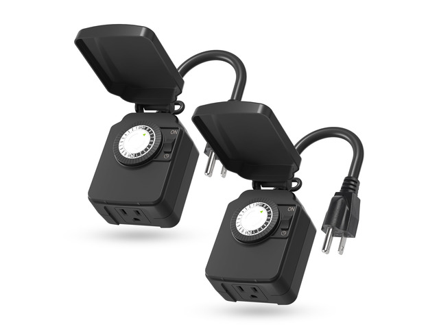Outdoor 24-Hour Mechanical Timer Outlet, 1 Grounded Outlet, 2 Pack 30-min Intervals; Daily Repeat; Easy Dial; Weatherproof Cover; For Christmas...