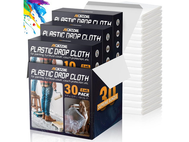 12 x 9 Ft Plastic Drop Cloths for Painting (30-Pack) Plastic Painter's Sheeting & Tarps for Painting Supplies, Waterproof & Dust-proof...