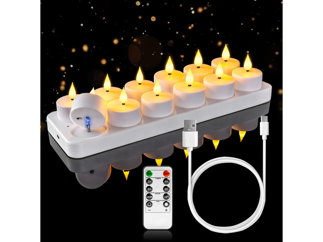 12-Pack Rechargeable Tea Light Candles with Remote, 2/4/6/8H Timer Flameless Flickering Battery Operated LED Tealights with Charging Base for...