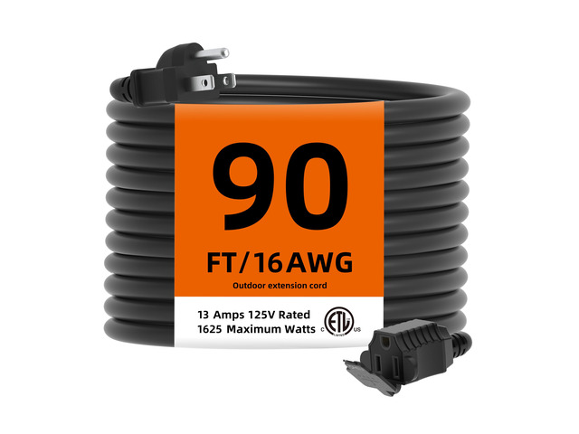 Indoor Outdoor Extension Cord Waterproof, 90 Feet 3 Prong Power Cord for Home and Garden, 16 AWG, 13A/1625W, ETL Listed