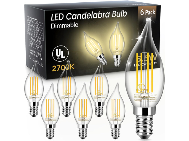 LED Candelabra Light Bulb, Chandelier E12 Light Bulb, 60W Equivalent Candle Flame Tip 2700K, 5.5W 600LM, Dimmable, E12 Base, CA11, 80+ CRI, Clear...