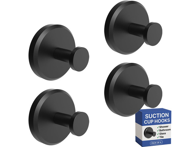 Suction Cup Hooks for Shower & Bathroom Towel Holder 4-Pack Black Waterproof Rustproof Organizer Hook Hanging Loofah Robe Coat Bath Accessories on...
