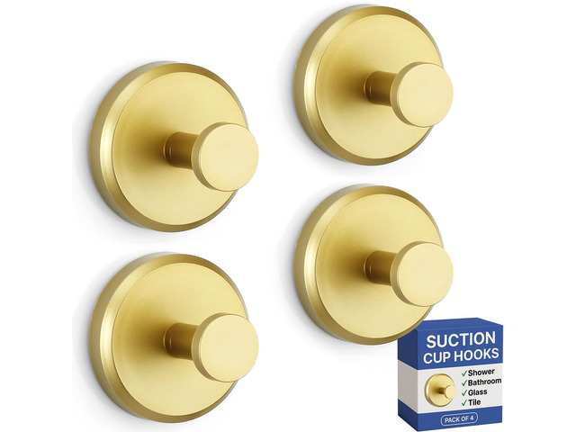 Suction Cup Hooks for Shower & Bathroom Towel Holder 4-Pack Gold Waterproof Rustproof Organizer Hook Hanging Loofah Robe Coat Bath Accessories on...
