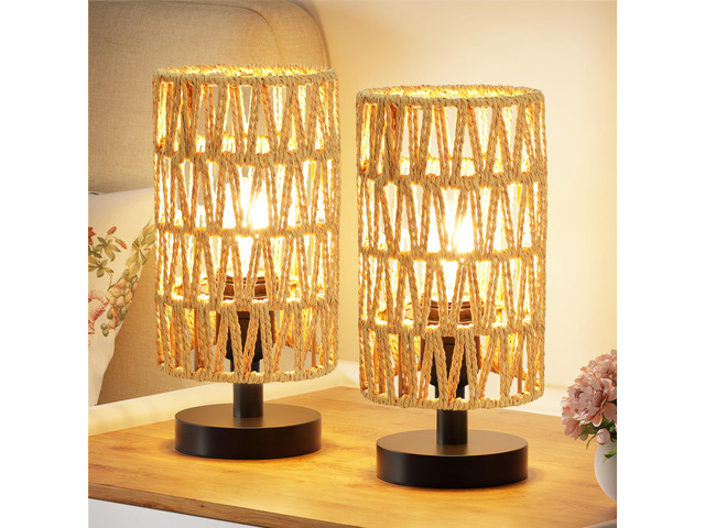 Table Lamps Set of 2 (Rattan Rope Shade - Black Base, 9' Inline Control) Two 3000K LED Blub Included 680 Lumens Easy Assembly Minimalist Design E26...