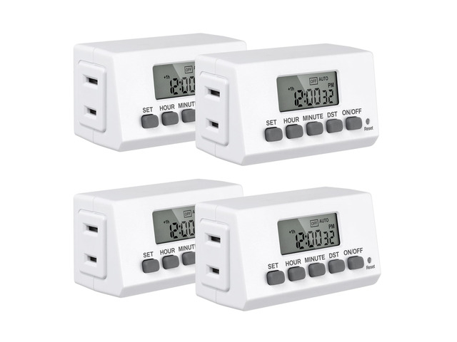 Indoor 24H Programmable Digital Timer Outlet, Slim 1 Outlet, 4 Pack 2 Daily Programs; 125V/15A/1875W; Backup Battery; Side Outlet; For Lamps,...